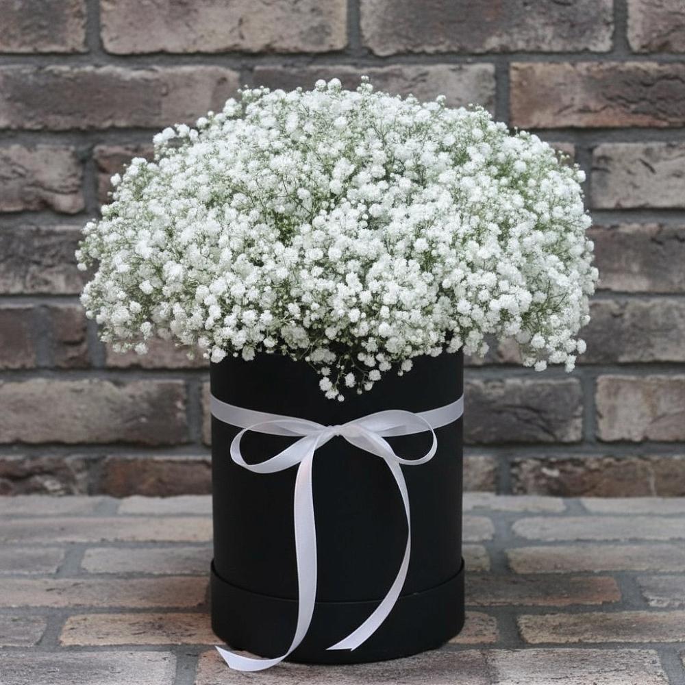 Цветочная композиция из Гипсофила в шляпной коробке в Агидели