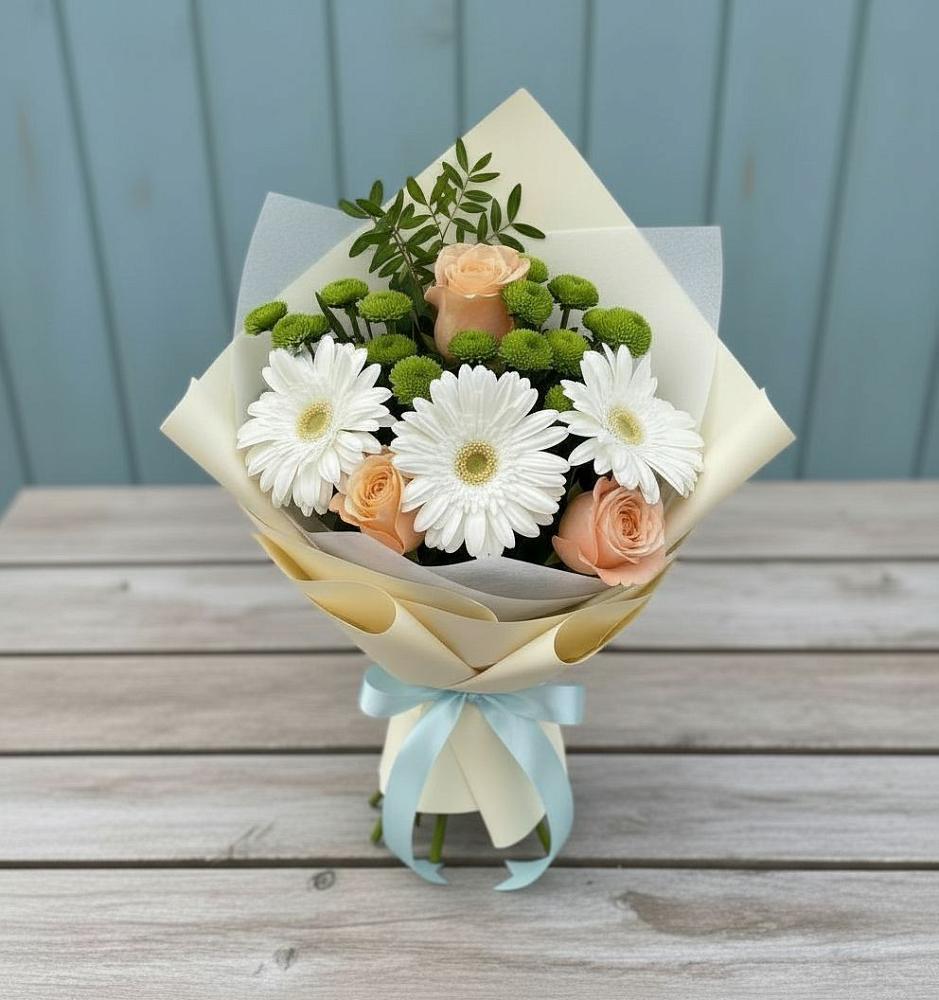 Букет герберы и розы в Агидели Букет цветов из: Герберы, Розы и Хризантемы в Агидели